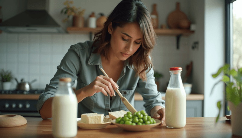 Woman examining various soy products in kitchen