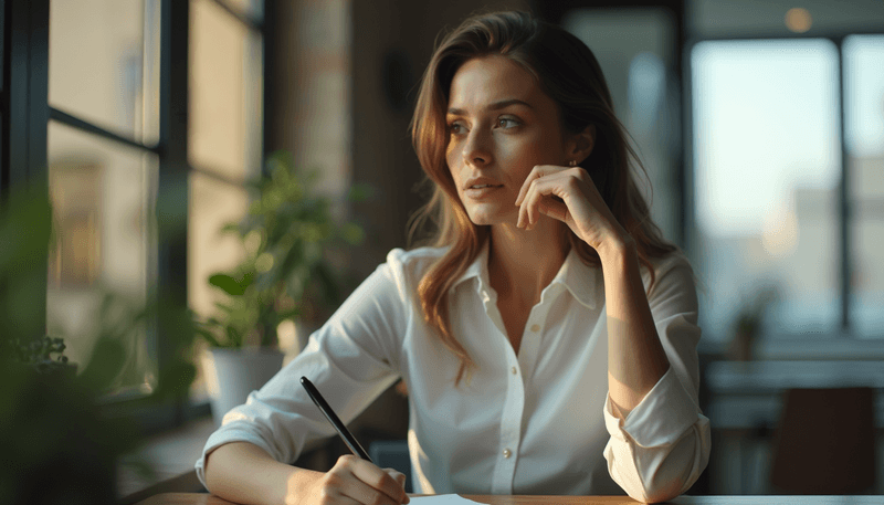 Woman looking thoughtful while touching her temple