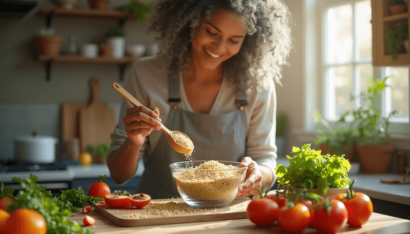 Woman measuring ingredients for Mediterranean recipe