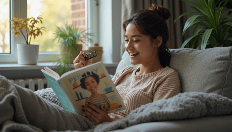 A woman enjoying dark chocolate while reading about its health benefits