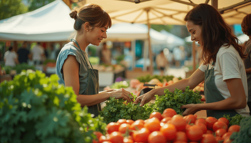 Woman choosing fresh vegetables at farmers market