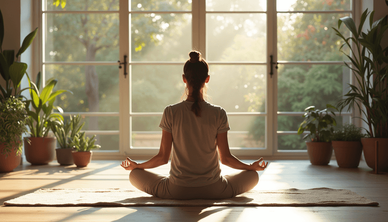 A woman practicing mindful meditation in a sunny room with plants